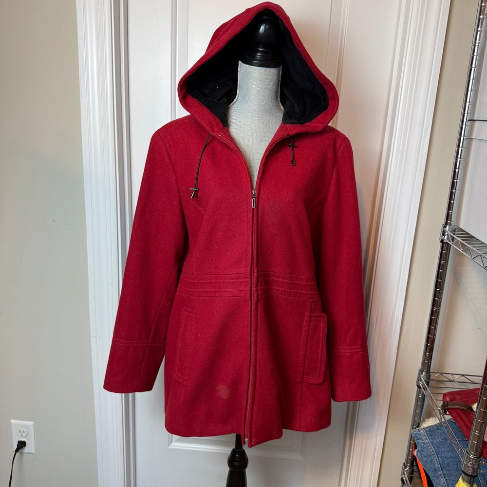St Johns Bay Red Wool Cashmere Blend Hooded Zip Front Coat Jacket Plus Size 2X